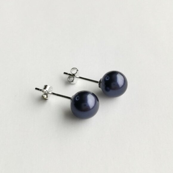Nwt Navy Blue Shell Pearl ball stud earrings Sterling Silver 9mm - Picture 6 of 6